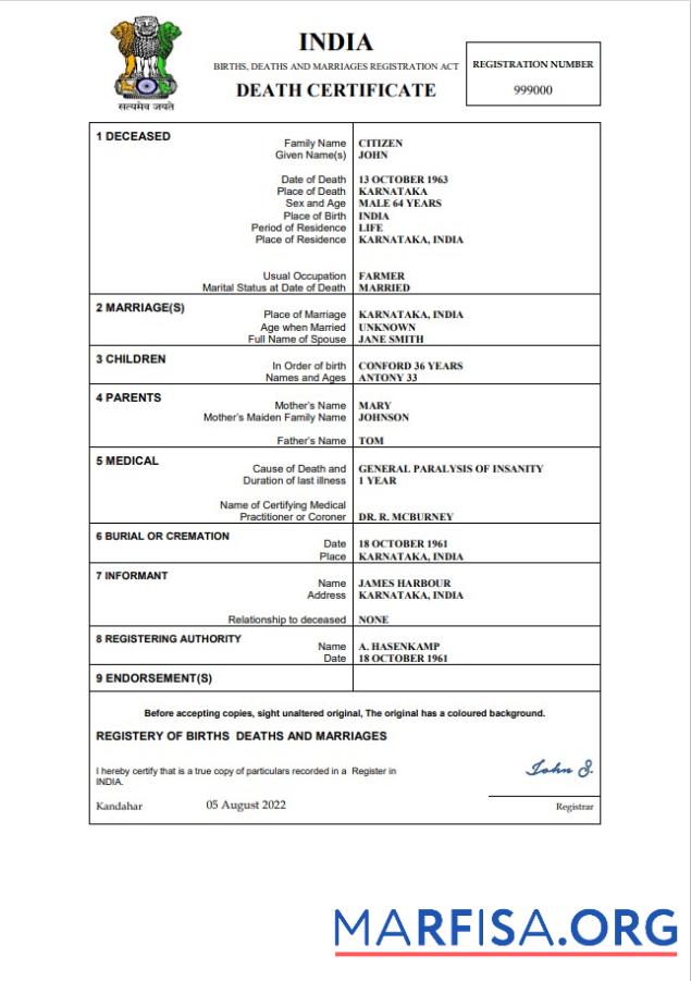 Blank India death certificate Word and PDF template,